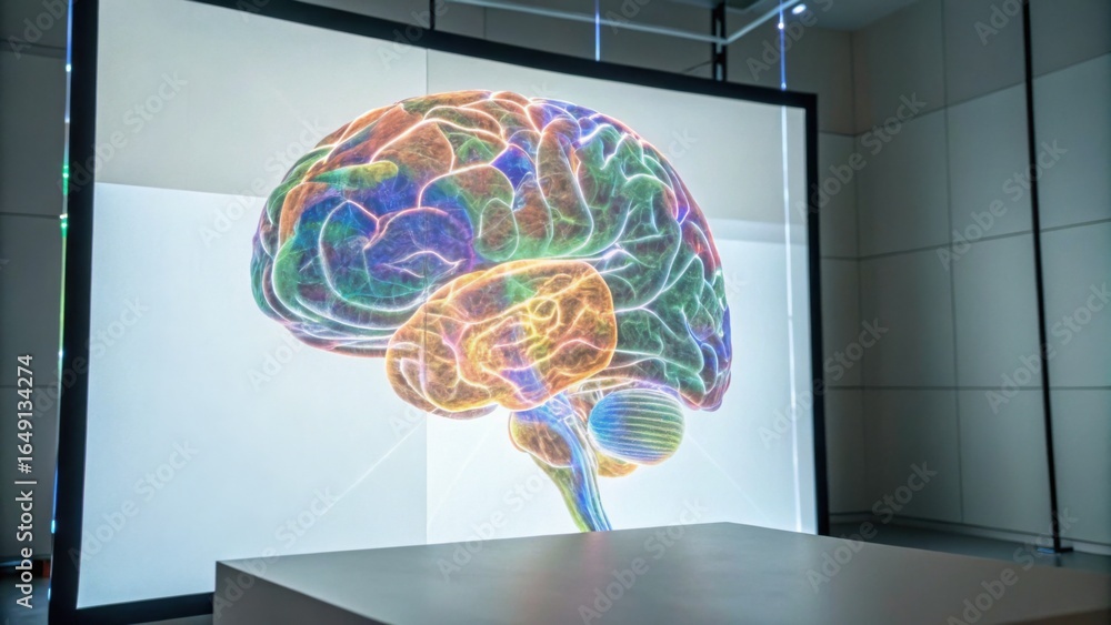 Poster a colorful, illuminated representation of a human brain displayed on a large screen in a modern, min
