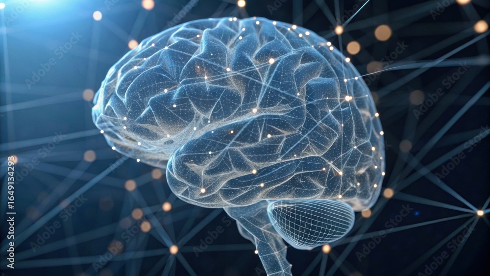 Poster a digital visualization of a human brain, showcasing intricate neural connections and glowing pathwa