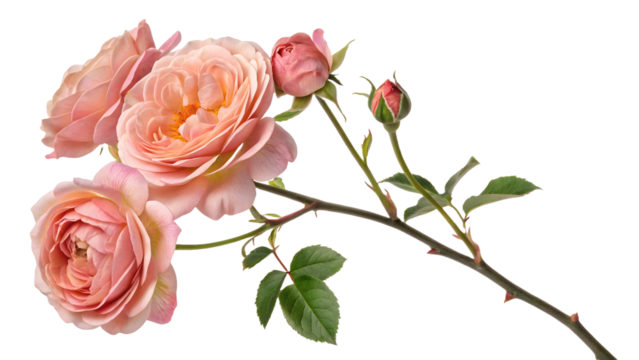 Roses on a single branch isolated on transparent background PNG with full depth of field, perfect for digital design, branding, wallpapers, posters, and print materials
