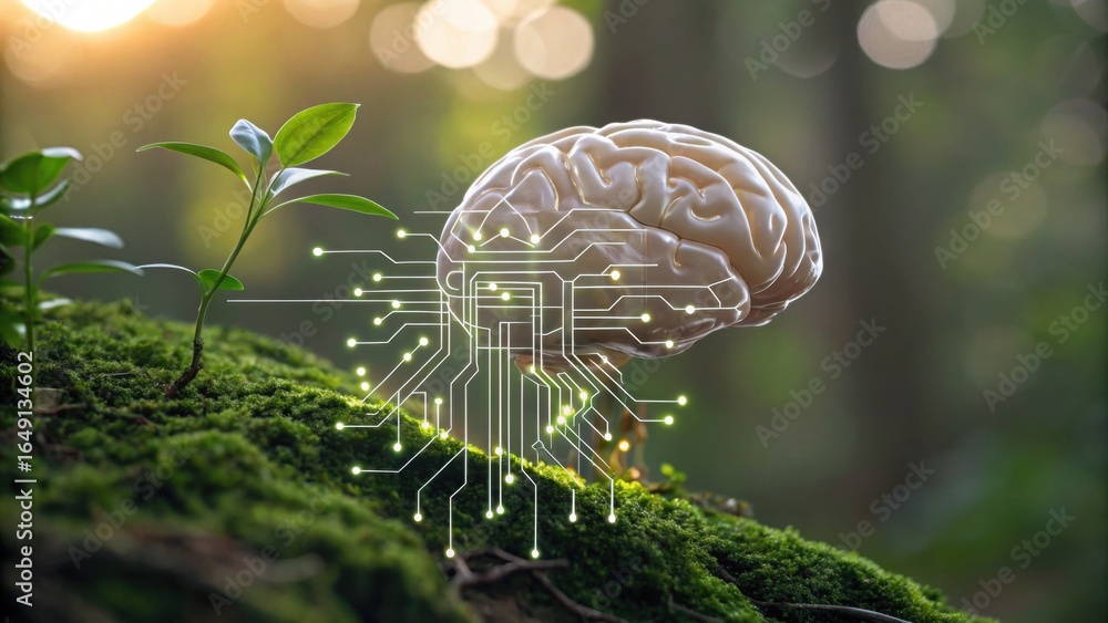 Poster a brain with circuit patterns is placed on mossy ground, surrounded by small green plants, blending 