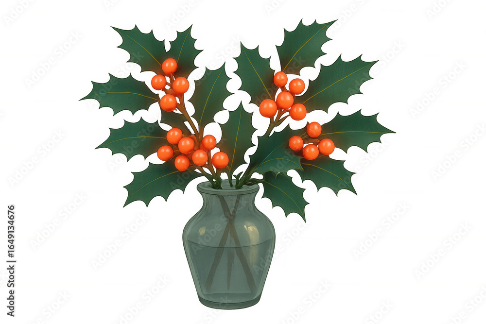Poster holly branches with red berries are displayed in a glass vase on a transparent background, creating 
