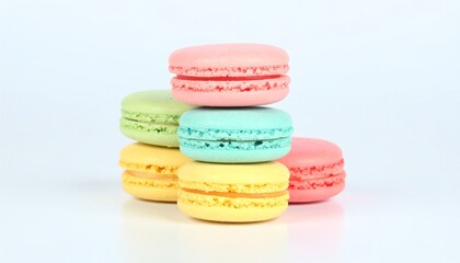 Fototapeta premium Delicious Colorful Macarons Stacked Against a White Background