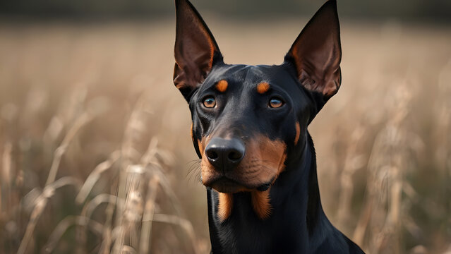 A close-up portrait of a Doberman Pinscher with attentive expression, featuring its classic black and tan coat in a natural setting - Powered by Adobe