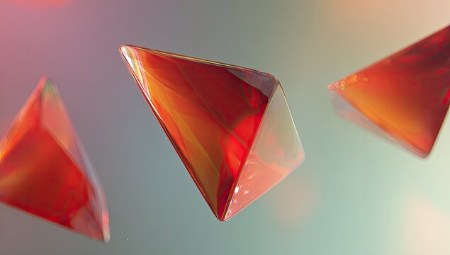 Three vibrant, glossy, red-orange geometric shapes, like faceted gems, float in soft-focus background - Powered by Adobe