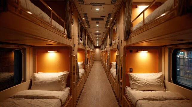 Train Sleeper Cabin With Cozy Bunk Beds And Warm Lighting. Comfortable Overnight Travel Experience