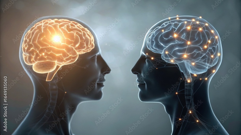 Poster two abstract human silhouettes with illuminated brains, showcasing cognitive processes and neural co