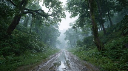 Obraz premium Misty Forest Pathway With Lush Greenery. Serene Nature Scene Inviting Exploration