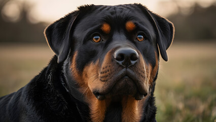 Fototapeta premium A confident and alert Rottweiler portrait, showcasing its muscular head and serious expression in a natural landscape