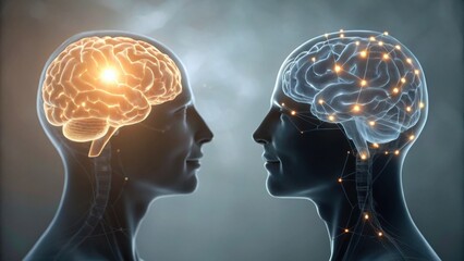 Obraz premium Two abstract human silhouettes with illuminated brains, showcasing cognitive processes and neural connections in a futuristic design.
