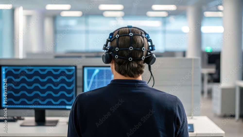 Poster a person wearing a headset with sensors sits in front of computer monitors displaying data, likely e