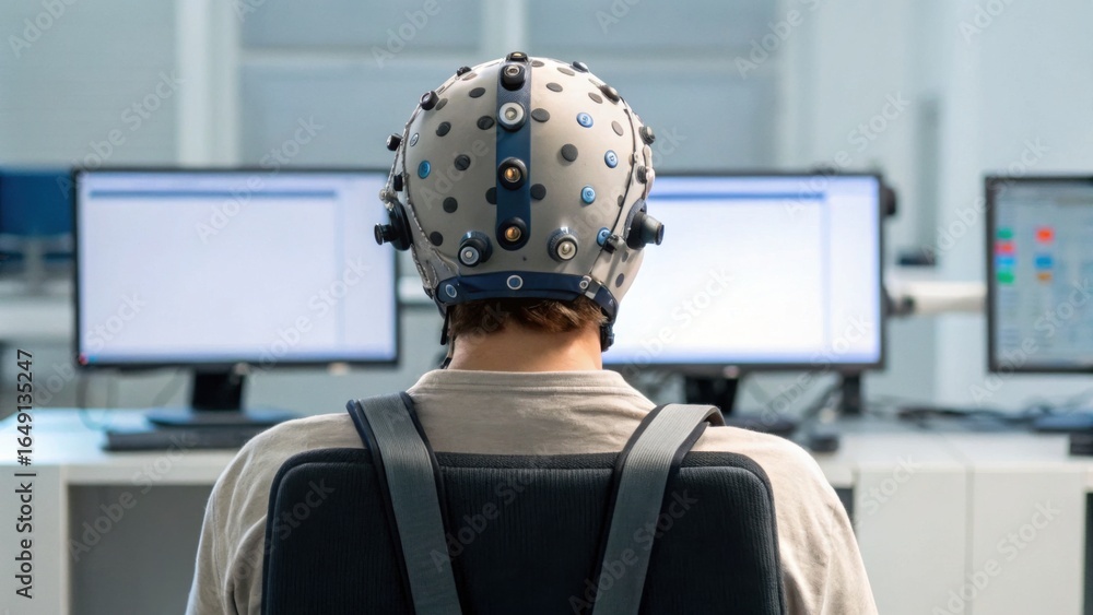 Poster a person wearing an eeg cap sits in front of multiple computer screens, suggesting a focus on neuros