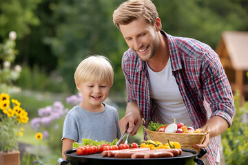 Father and son enjoying a barbecue outdoors in a garden setting