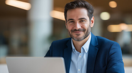 Confident Middle Eastern Businessman Working on Laptop in Modern Office