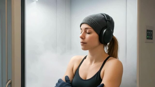 Woman undergoing cryotherapy session in a white chamber