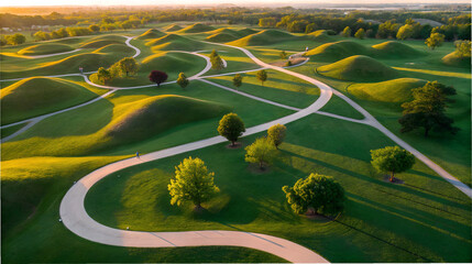 Aerial view of winding paths through rolling green hills at sunrise