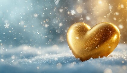 Obraz premium a glittering golden heart rests on a snowy surface against a dreamy blue and white bokeh background.