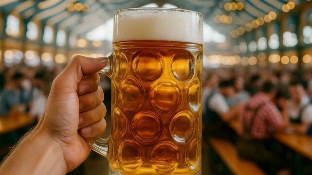 Hand holding large beer stein at Oktoberfest in Munich