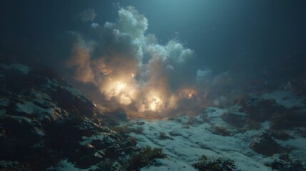 Deep Ocean Floor With Hydrothermal Vents Emitting Light And Steam deep sea volcanic activity