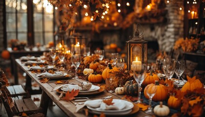 a warmly lit autumn tablescape features a long wooden table adorned with pumpkins, candles, and fall foliage creating a cozy and inviting atmosphere.