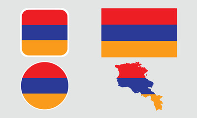A set of Armenia flag icons. A set of flags in square, rectangular, round and map shapes. Flag icons.	
