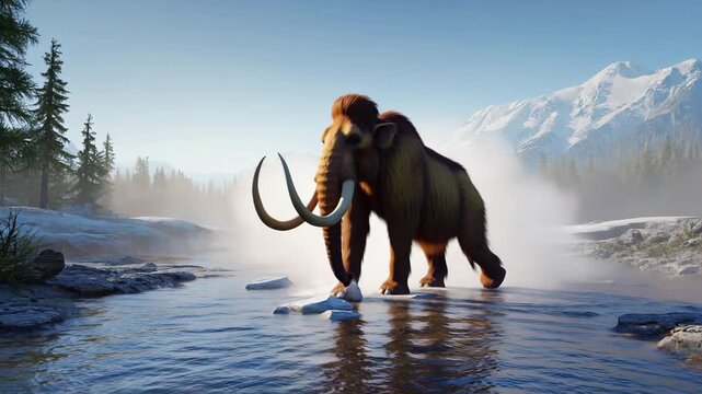 Woolly mammoth crossing a river in a snowy prehistoric landscape