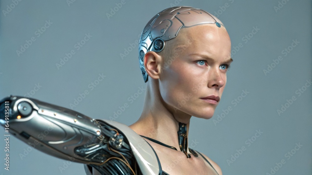 Poster a futuristic humanoid robot with a sleek design and metallic features, showcasing advanced technolog