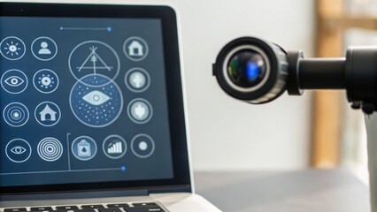 A laptop displays icons on the screen, while a camera lens focuses, suggesting a blend of technology and visual analysis.