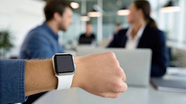 A person wearing a smartwatch in a modern office setting, with colleagues engaged in discussion in the background.