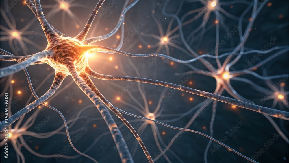 Poster a close-up view of a neuron network, showcasing the intricate connections and glowing synapses, symb
