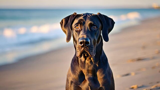Majestic great dane posing on a beach at golden hour