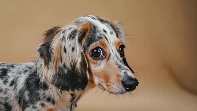 Adorable piebald dachshund puppy posing on a beige background