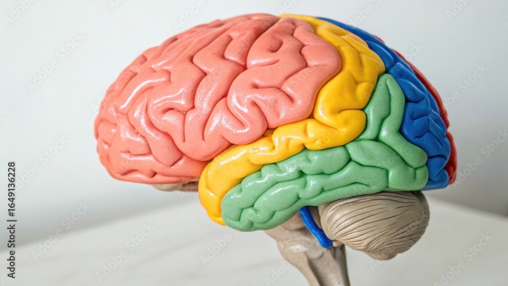 Poster a colorful model of a human brain displaying different regions in distinct colors for educational pu