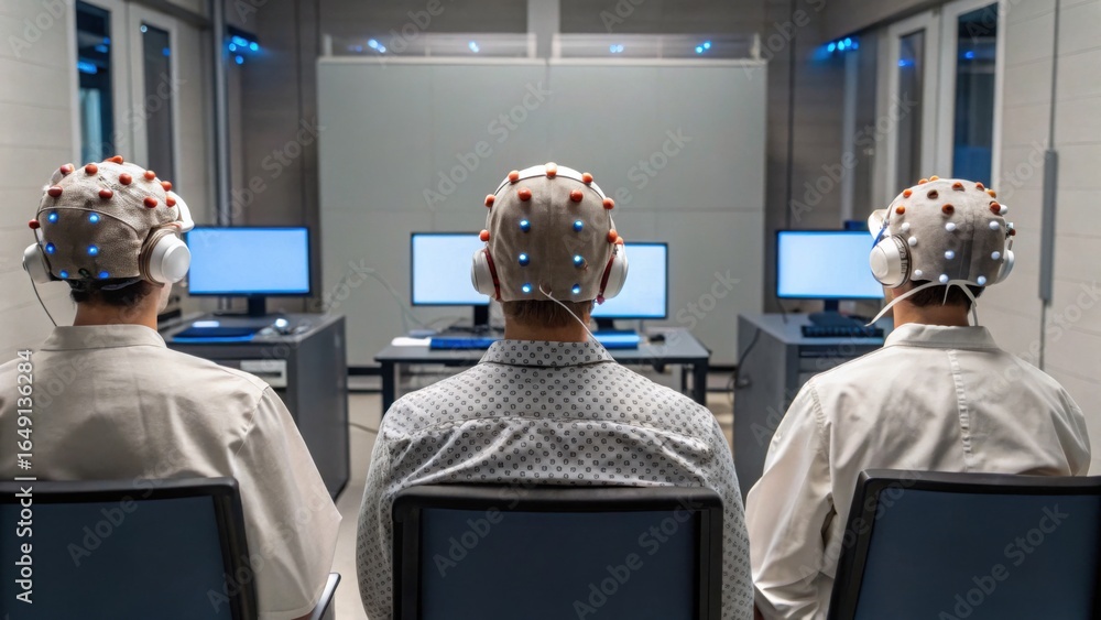 Poster the image depicts three individuals wearing eeg caps in a testing room, focused on computer screens,