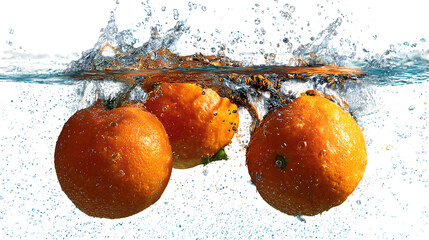 Oranges splashing into water with bubbles