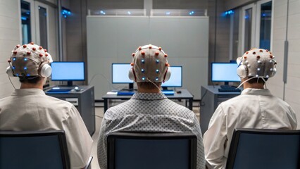 The image depicts three individuals wearing EEG caps in a testing room, focused on computer screens, likely engaged in a neuroscience experiment.