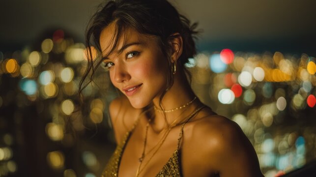 Elegant woman portrait with shimmering cityscape background at night time