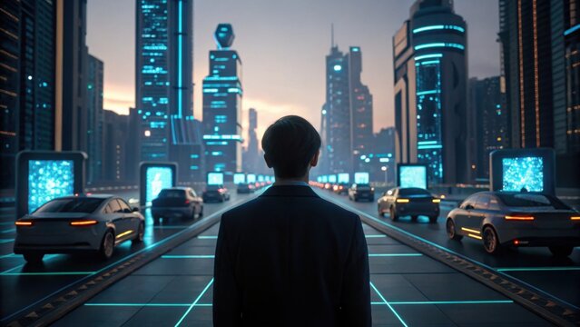 A futuristic cityscape with a man standing in front of glowing vehicles and digital screens, depicting advanced technology and urban life.