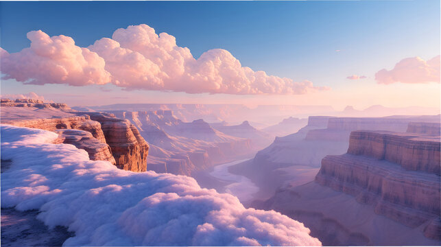 Majestic grand canyon covered in soft pink snow under a pastel sky