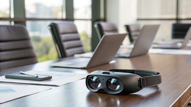 A modern office scene featuring virtual reality goggles on a conference table, surrounded by laptops and paperwork, highlighting technology in a business environment.