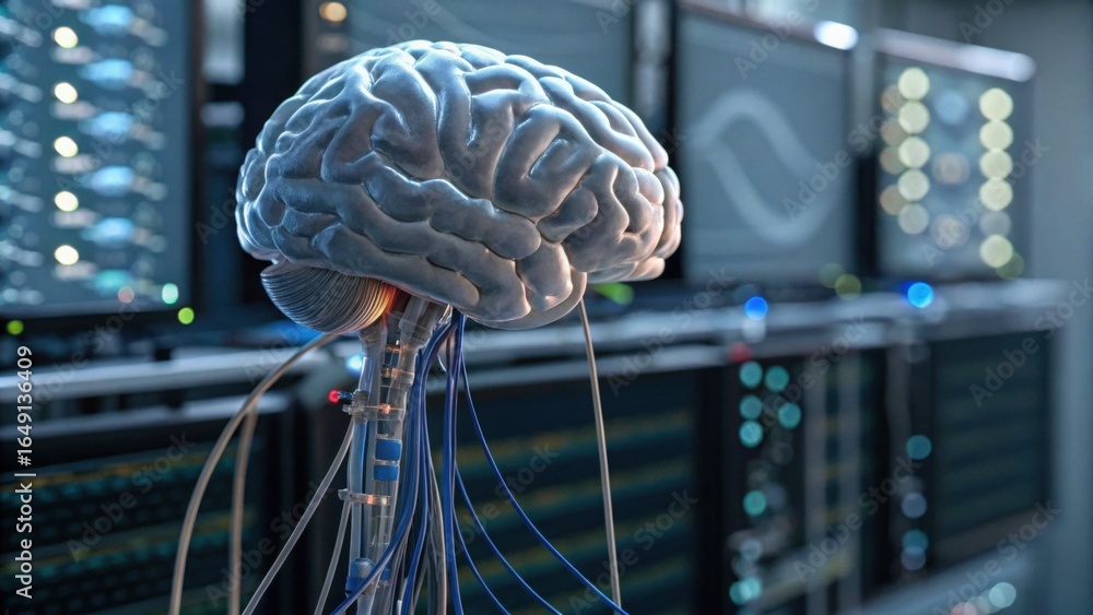 Poster a digital brain model connected to technology, symbolizing the integration of artificial intelligenc
