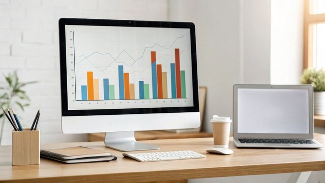A modern workspace featuring a desktop computer with graphs, a laptop, and a coffee cup, reflecting a productive environment.