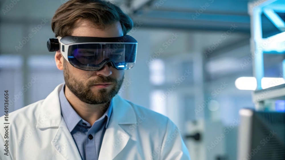 Poster a focused scientist wearing augmented reality glasses examines data on a computer screen in a modern