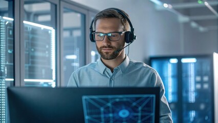 A focused professional wearing a headset and glasses, working on a computer in a modern tech environment, surrounded by digital displays.