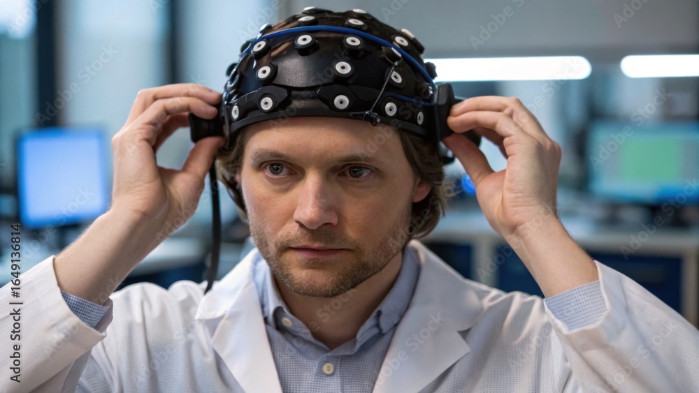 Poster a man in a lab coat adjusts a neural headset in a tech environment, indicating research or experimen
