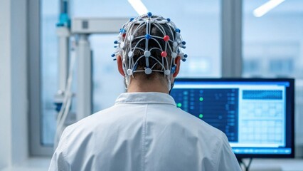 A scientist wearing a brainwave cap analyzes data from a computer screen in a modern laboratory setting.