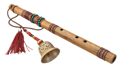 Traditional Indian flute (Bansuri) with decorative beads and bell isolated on transparent background PNG, perfect for Hindu, Krishna, music, cultural, digital design, branding, wallpapers, posters, an