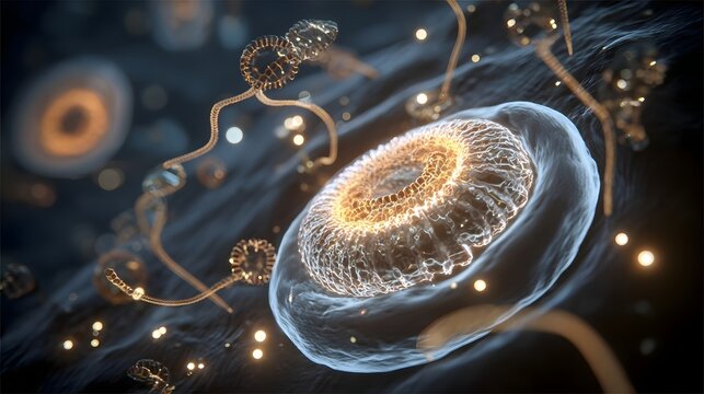 Microscopic view of glowing bacterial cytoplasm with intricate structures and flowing filaments cellular