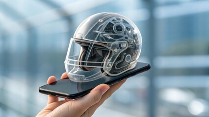 A futuristic football helmet displayed on a smartphone, showcasing innovative design and technology in sports equipment.