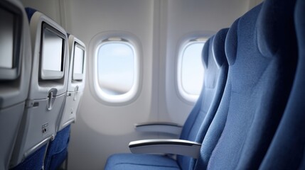 Airplane Cabin Interior With Empty Blue Seats And Windows. Comfortable Travel Experience In Economy Class