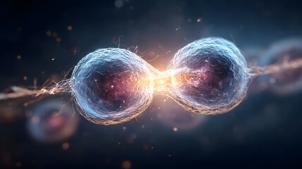 Two blue cells connected by glowing orange fibers and light in dark blue background biology science